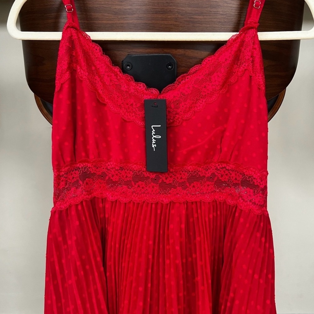 Lulu’s Red Lace Trim Pleated Dress - Picture 2 of 2